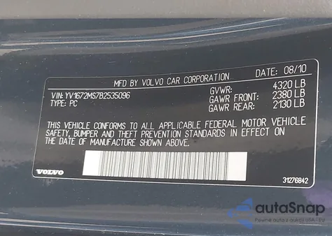 2011 Volvo S40 T5/T5 R-Design из США, поврежденный, VIN YV1672MS7B2535096